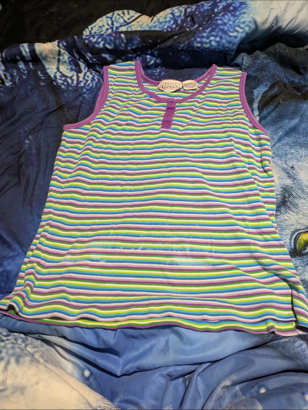 🌈‎ VTG 90s Basic Editions Striped Henley Tank | Grandmacore Y2K Kidcore
